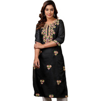Sanisa Women's Cotton Blend Chikankari Embroidery Straight Kurti (481K10058N-L_Black)
