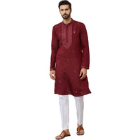 See Designs Men's Long Sleeve Mandarin Collar Side Slit Dark Maroon Embroidered Chanderi Silk Straight Kurta - Sdkt2578S