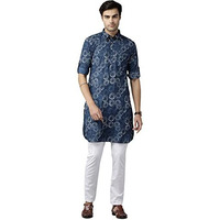 See Designs Men Indigo Regular Pure Cotton Pathani Printed Men's Kurta With White Salwar_Sdpkt115501S