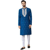See Designs Men's Long Sleeve Mandarin Collar Side Slit Royal Blue Sequins Embroidered Rayon Straight Kurta With Yoke Design - Sdkt2554Xl
