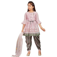 Aarika Girls Ethnic Wear Pink Colour Floral Print Silk Kurti Patiala Set With Belt (4-10 Years)