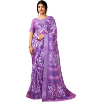 Satrani Women's Linen Printed & Zari Border Ready To Wear One Minute Pre Pleated Readymade Saree With Unstitched Blouse Piece (37Rs355N_Purple)