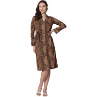 Selvia Women's Printed Full Sleeves Crepe V-Neck Casual Dress (462Tk7511N-M_Brown & Black)