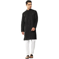 See Designs Men's Long Sleeve Side Slit Black Embroidered Chikankari Rayon Straight Mandarin Collar Kurta - Sddkt2565Xxl