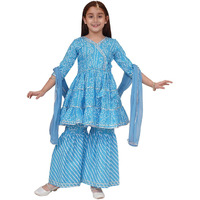 Preneum Girls's Cotton Rayon Bandhani & Lahariya Printed Angrakha Kurta With Sharara & Dupatta, Blue, 13-14 Years