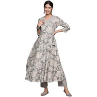 Varanga Women Grey Floral Printed Angrakha Style Anarkali Kurta Paired With Printed Bottom.