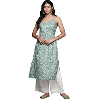 Sea Green Floral Printed, V-Shape Neck, Embellished With Triangular Lace,Spaghetti Strap A Line Kurta