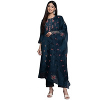 Varanga Women Blue Embroidered Kurta Set Paired With Tonal Tand Dupattta