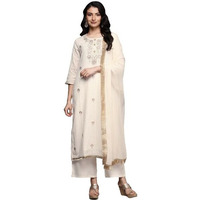 Varanga Women Off White Lurex Striped Zari Embroidered Sequins Embellished Kurta Set With Dupatta