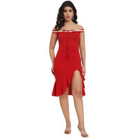Addyvero Women Off Shoulder Ruffle Hem Sleeveless With Lace Detailing Bodycon Party Dress (Red, L)