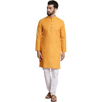 Sojanya (Since 1958 Men's Cotton Blend Mustard Checked Kurta And White Churidar Pyjama Set