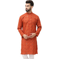 Sojanya (Since 1958 Men's Cotton Blend Printed Orange Only Long Kurta