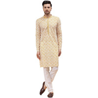 See Designs Men Off White & Mustard Pure Cotton Embroidered Staright Kurta - Sd2Ekt_1276M