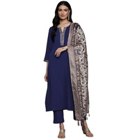 Varanga Women's Navy Blue Round Neck Gotta Embellished Straight Kurta Paired With Printed Dupatta And Tonal Bottom