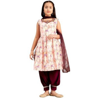 Aarika Girls Ethnic Wear Purple-White Colour Beads Hand Embroidery Cotton Blend Kurti Patiala Set With Dupatta-3-9 Years (Pt-12706)