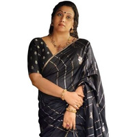 Flosive Women's Midnight Black Golden Zari Shine Kanjivaram Wedding Saree