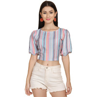 Leriya Fashion Women Striped Top With Half Sleeves For Office Wear, Casual Wear Both Use To Western Top & Saree For Blouse (Medium, Multi)