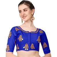 Pujia Mills Women's Silk Solid Half Sleeve Saree Blouse (Kalash Royal Blue_Royal Blue_38)