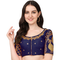 Pujia Mills Women's Silk Embroidery Half Sleeve Readymade Blouse (Morr Blouse_Navy Blue_38)