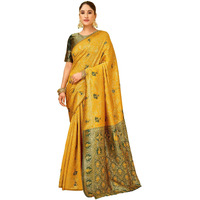 Satrani Women's Banarasi Silk Weaving Stone Work Saree With Unstitched Blouse Piece (4246S6713N_Yellow)