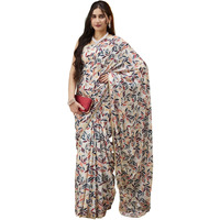 Satrani Women's Satin Crepe Printed Saree With Unstitched Blouse Piece (4232S335N_Off White & Multi)