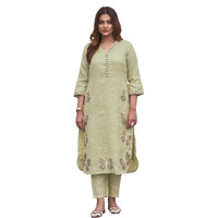 Womanista Women's Linen Solid Regular Set (Co-Ords_9098_Pista Green_M)