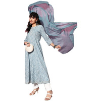 Ishin Women's Cotton Blend Blue Embroidered Anarkali Kurta With Dupatta