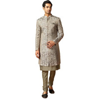 Kisah Mens Kurta Sherwani Churidar Set, Woven Design Silk Blend Grey Kurta Indo-Western Set For Men, 44