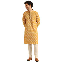 Kisah Men's Kurta Churidar Set, Yellow Cotton, Foil Print Regular Fit Mandarin Collar Long Sleeves (44)