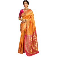 Satrani Women's Silk Paithani Jacquard Saree With Unstitched Blouse Piece (4048S6335N_Turmeric Yellow & Rani Pink)