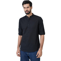 See Designs Men's Roll-Up Sleeve Mandarin Collar Men Black Pure Cotton Slub Short Kurta - Sdkt2973L