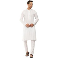 See Designs Men's Long Sleeve Side Slit White Thread Worked Pure Cotton Straight Mandarin Collar Kurta - Sddkt2526S