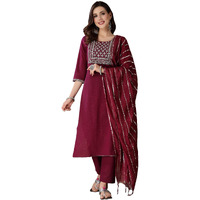 Stylum Women's Embroidered Cotton Straight Kurta Pant Dupatta Set (Kpdwinelila40_Wine, L)