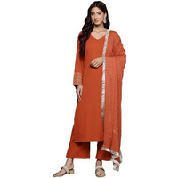 Varanga Women Rust Solid V-Neck Embellished With Gota Straight Kurta Paired With Tonal Bottom And Dupatta