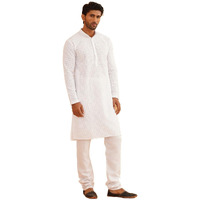 Sojanya (Since 1958 Men's Cotton Embroidered Thread Work White Kurta With White Churidar Pyjama