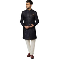 Kisah Men's Indo-Western Sherwani Churidar Set, Black Cotton, Jacquard Regular Fit Mandarin Collar Long Sleeves (L)