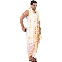 Prakasam Cotton Mens Pure Silk Cream Colour Panchakacham (Ready To Wear) Dhoti & Towel Set With Pocket (50K)