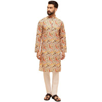 Sojanya (Since 1958 Men's Cotton Linen Kalamkari Printed Multi & Beige Kurta With White Pyjama