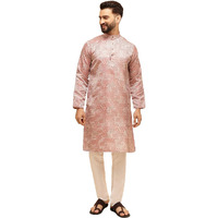 Sojanya (Since 1958 Men's Jacquard Silk Red Kurta With White Pyjama