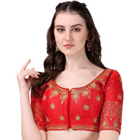 Pujia Mills Women's Silk Embroidery Coding Multi Work Readymade Saree Blouse(Suraj Red_38)