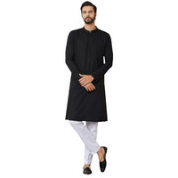 See Designs Men's Long Sleeve Mandarin Collar Side Slit Black Embroidered Chikankari Rayon Straight Kurta With Pyjama - Sdkt256501L
