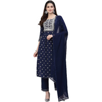 Stylum Women's Printed & Embroidered Rayon Straight Kurta Pant Dupatta Set (Kpdocean36_Navy Blue, S)