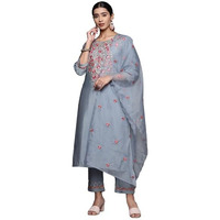 Varanga Women Blue Embroidered Kurta Paired With Tonal Bottom And Organza Embroidered Dupatta