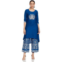 Ishin Women's Blue Viscose Rayon Printed Kurta Palazzo Set