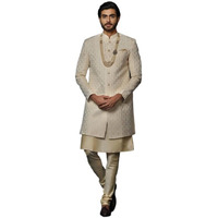 Kisah Men's Kurta Sherwani Churidar Set Indo-Western, Cream Cotton Blend, Self Design Long Sleeves Regular Fit Mandarin Collar, 36