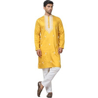 Jompers Men's Mustard Collar Embroidered & Sequin Kurta With Pyjama. (Mustard, L)