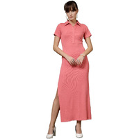 Oomph! Women's Western & Fusion Wear Stretchable Ribbed Lycra Shirt Dress For Women, Bodycon, Pink - Md1010