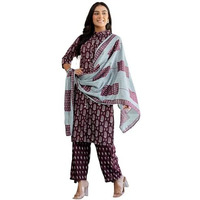 Sanisa Women's Rayon Printed Straight Kurta With Pant And Dupatta Set (238Kbd2520N-L_Wine & Grey)
