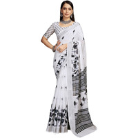 Satrani Women's Floral Printed & Zari Stripe Border Cotton Blend Saree (3998S108N_White & Black)