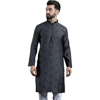 Sojanya (Since 1958 Men's Cotton Silk Sequinned Neck Embroidered Dark Grey Long Kurta